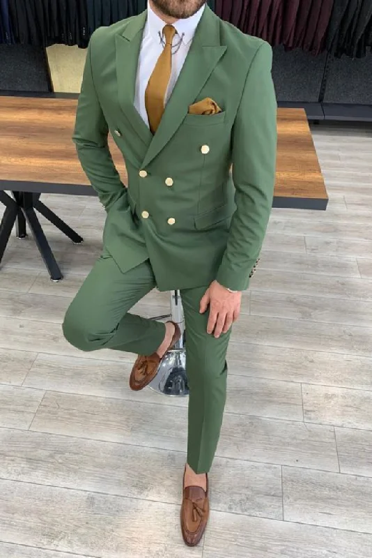 Sporty Minimalist Men Two Piece Suit Green Double Breasted Suit Formal Wear Wedding Suit Slim Fit Suit Bespoke Tailoring