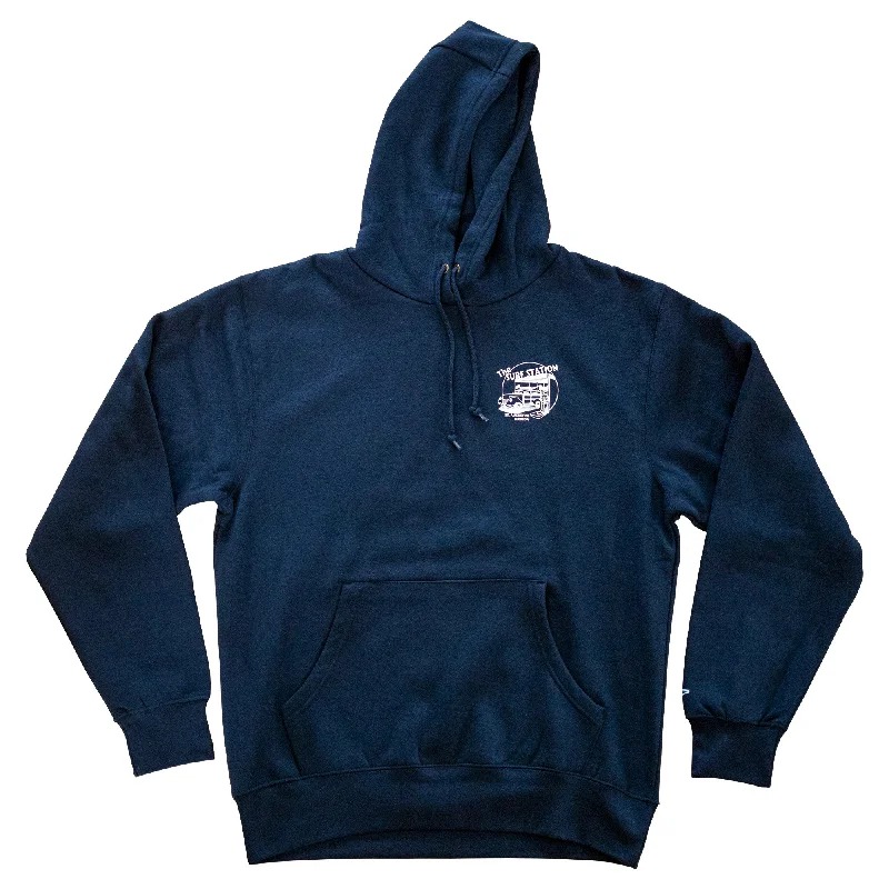 Stylish Statement Surf Station Circle Woody Men's Hoodie - Navy