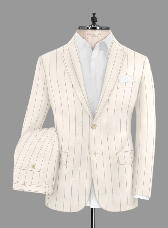 Sophisticated Chic London Loom Beige Stripe Wool Silk Linen Suit