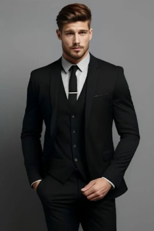 Casual Rugged Three piece black suit for men