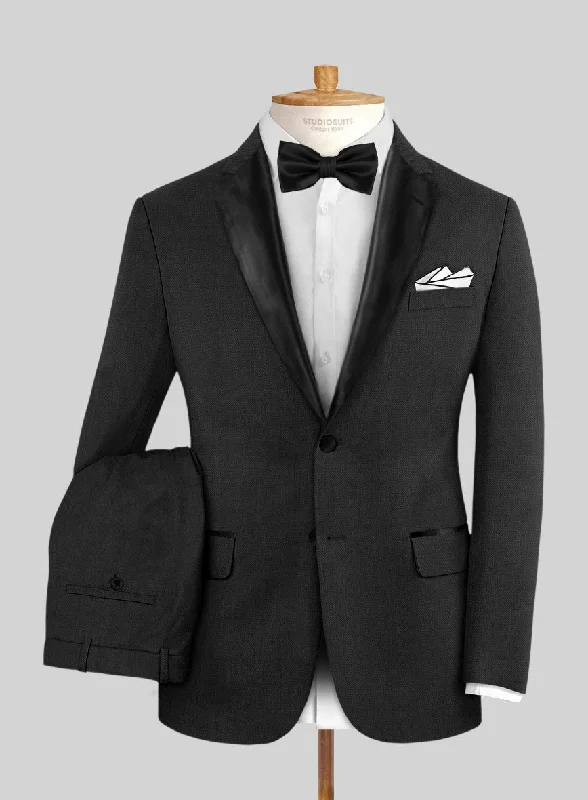 Chic Fit Look Napolean Imperial Black Herringbone Wool Tuxedo Suit