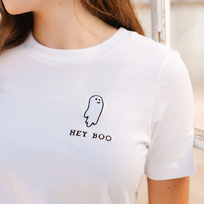 Boyfriend Tee, White Embroidered Hey Boo