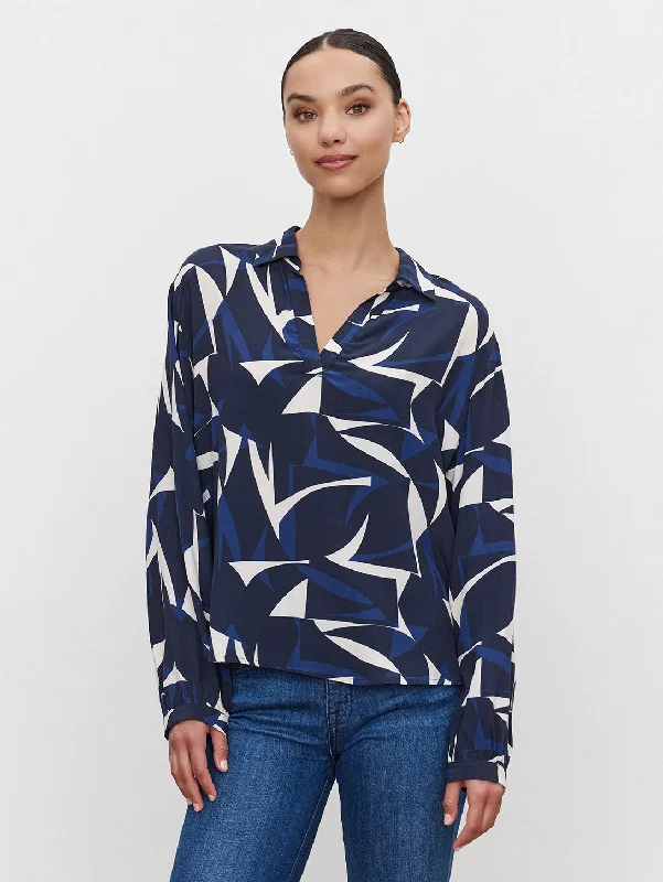 Carah Printed Crepe Top - Navy Ecru