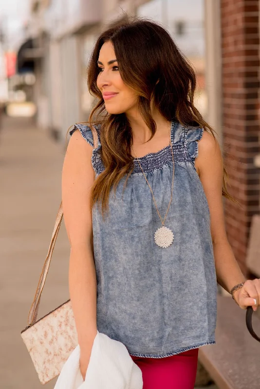 Cinched Ruffle Trim Denim Tank