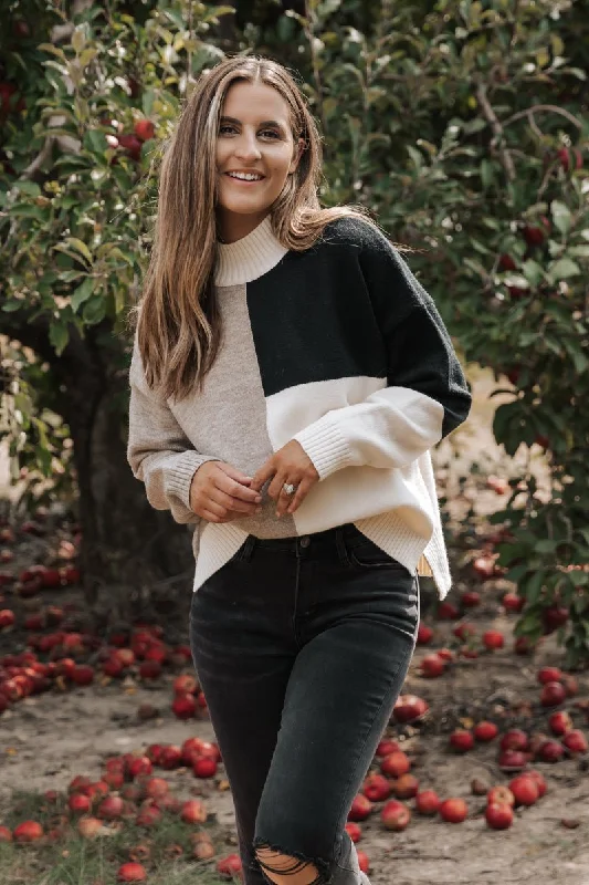 Cream Color Block Turtleneck Sweater