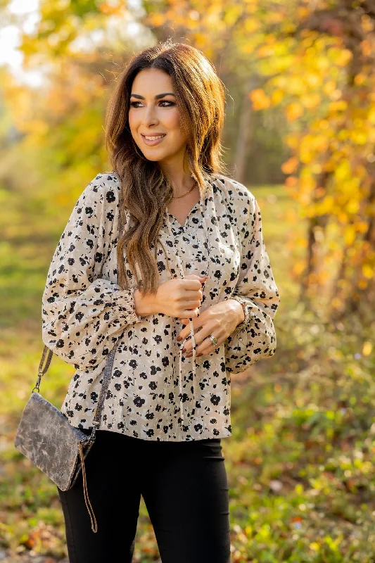 Floral Cinched Trim Tie Blouse