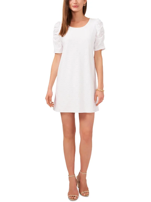 Petites Womens Eyelet Puff Sleeves Shift Dress