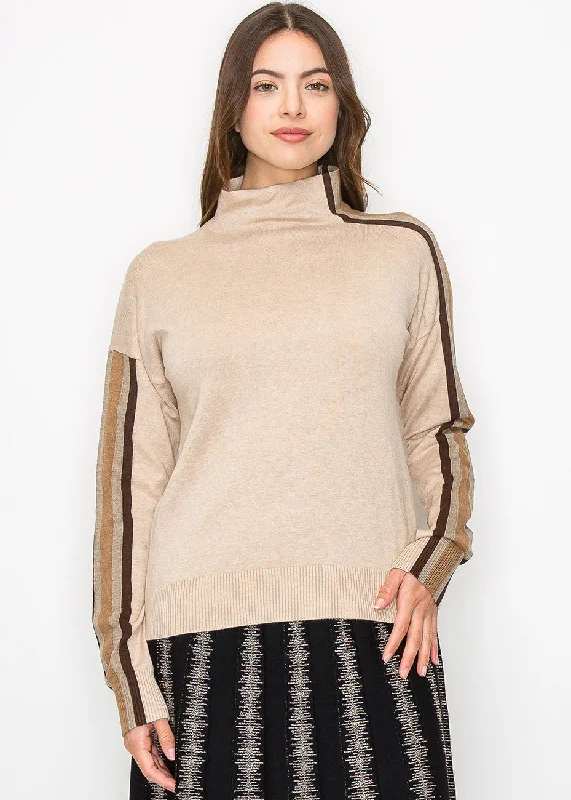 Striped Sleeve Mock Neck Pullover