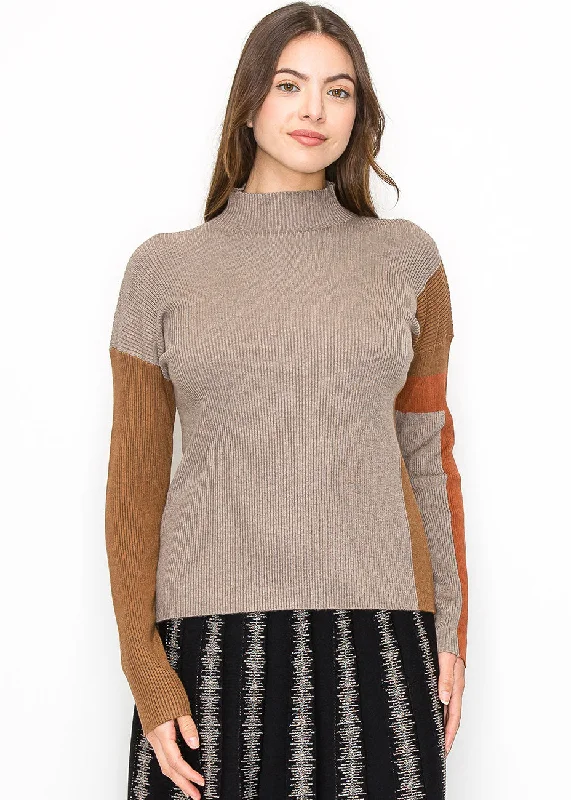 Taupe Ribbed Sweater with Warm Accents