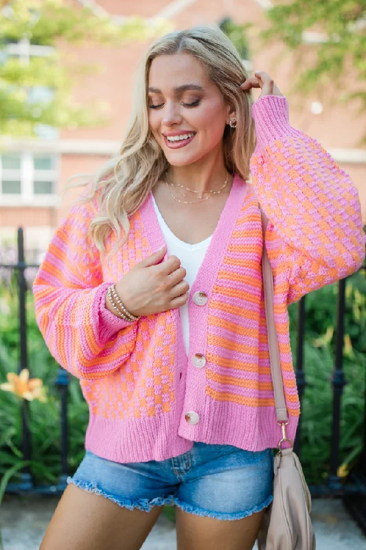 Time To Waste Pink And Orange Checkered And Striped Cardigan