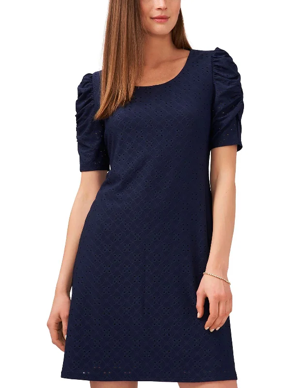 Womens Ruched Sleeves Eyelet Sheath Dress