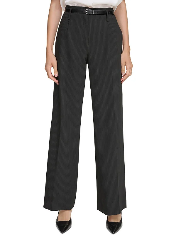 Petites Womens Pinstripe Office Wide Leg Pants