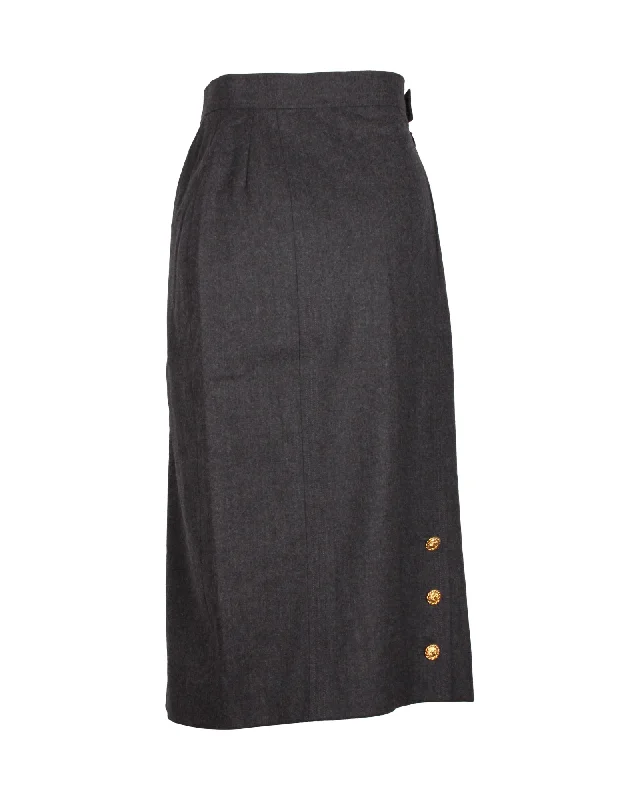 Chanel Gold Button Midi Skirt in Grey Wool