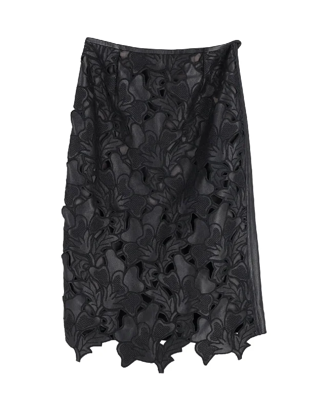 Erdem Floral Cut-Out A-Line Skirt in Black Leather