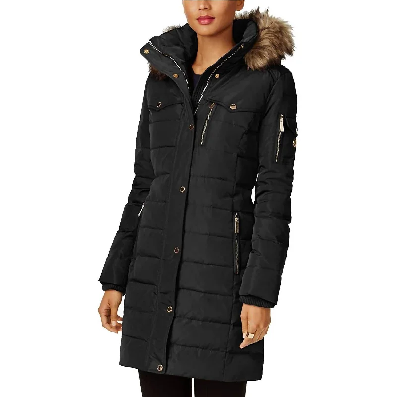 Faux Fur Trim Removable Hood Down Puffer Coat In Black