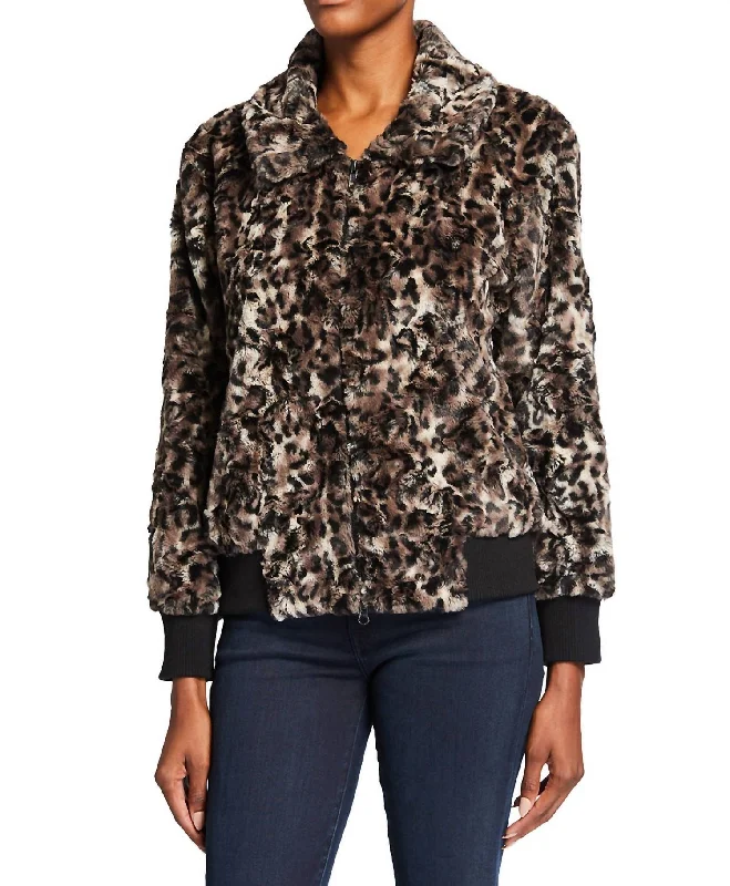 Leopard Faux Fur Bomber Jacket In Multi