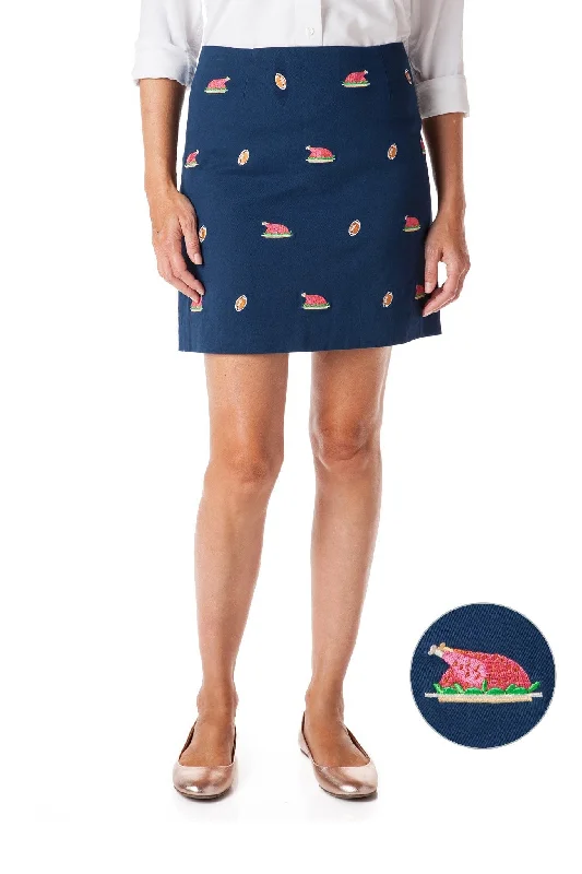 Ali Skirt Stretch Twill Nantucket Navy with Cooked Turkey & Football 19"