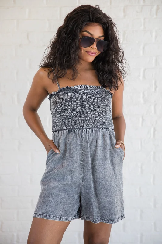 Embracing Change Grey Acid Wash Smocked Romper