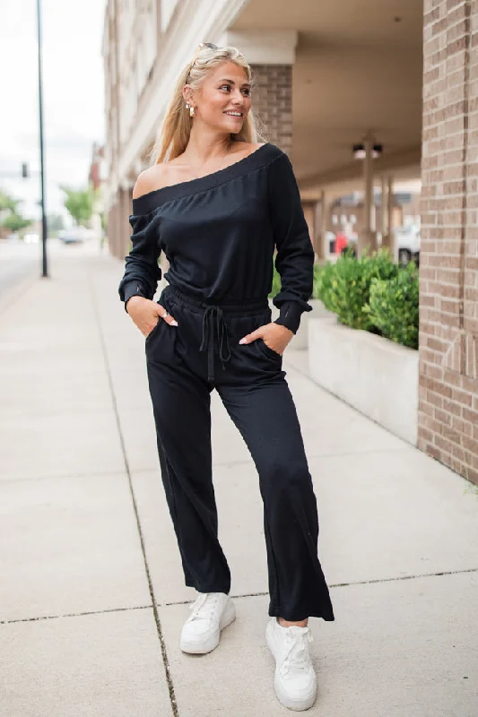 Memory Lane Black Off The Shoulder Knit Jumpsuit FINAL SALE