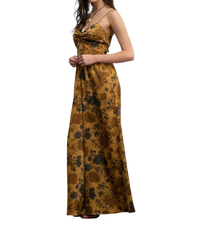 Satin Floral Sleeveless Jumpsuit In Gold