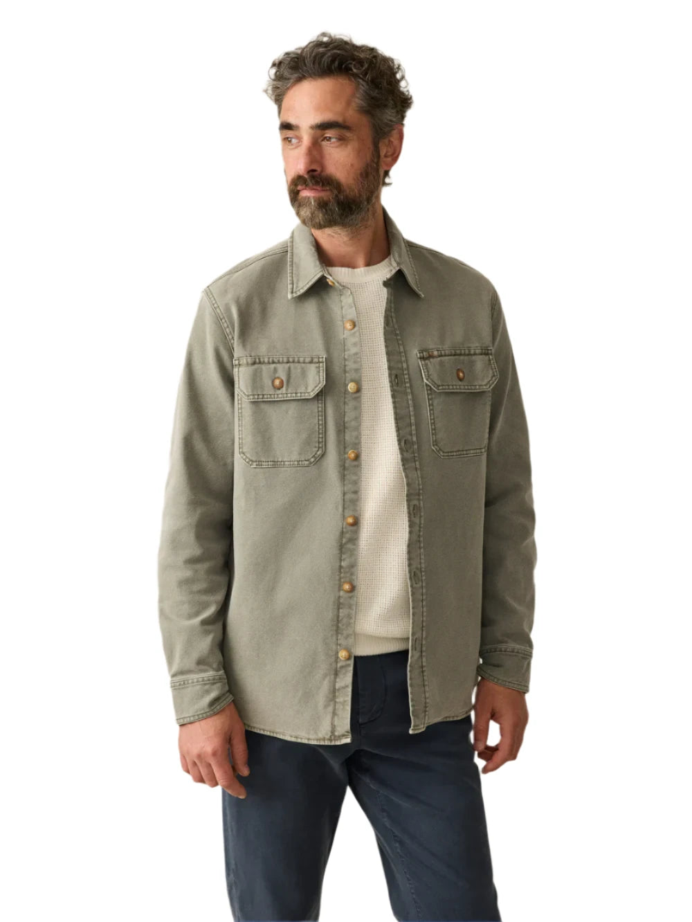 Faherty Sunwashed Shirt Jacket in Aspen Olive