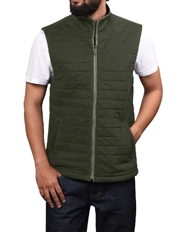 Cozy Street Style Quilted Gilets in Castor Green Twill